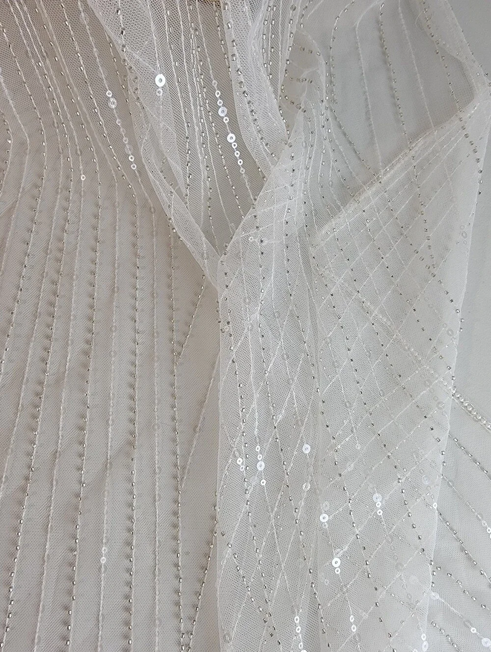 White Tulle Net Ballet Length Veil W/ Faux Pearl Edge, Sequins, Beads, & Comb